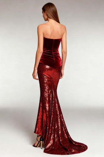 Strapless Mermaid Ruched Burgundy Evening Dress